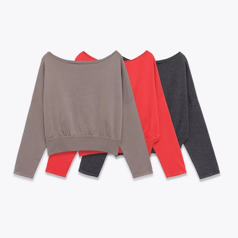 Pull En Tricot Pour Femmes Manches Longues Col Bateau Ourlet Côtelé Élégant Décontracté Couleur Unie Crop Top