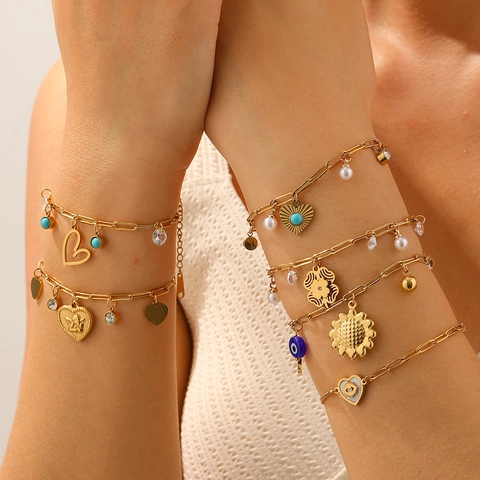 Pulsera De Acero Inoxidable Para Mujer Chapado En Oro Corazón Ojo Malvado Girasol Charms Cadena Clip Boho Estilo Vintage