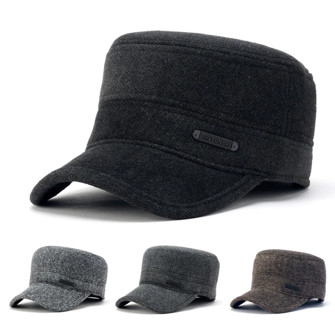 Vintage Heren Cadet Pet Plat Dak Militaire Hoed Wol Winter Warm Winddicht Visgraattextuur Outdoor Hoofddeksel
