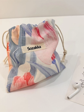 Floral Drawstring Pouch Cotton Fabric Storage Bag Portable Small Dustproof Organizer With Tulip Pattern For Women