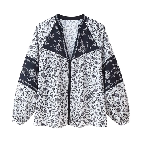 Blusa Da Donna Con Stampa Floreale Maniche Lunghe Scollo A V Cuciture A Contrasto Casual Retro Camicia In Poliestere