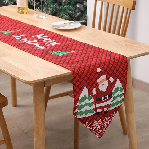 Christmas Table Runner Cotton Linen Plaid Festive Red Black Check Santa Reindeer Snowman Holiday Dinner Party Home Decor