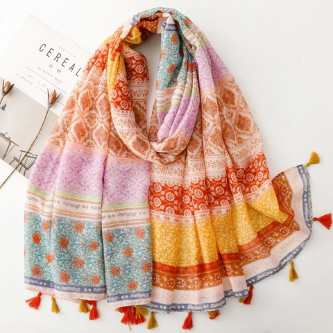 Bohemian Ethnic Style Floral Print Scarf Shawl Polyester Voile Multicolored Tassel Wrap Women Sun Protection Soft