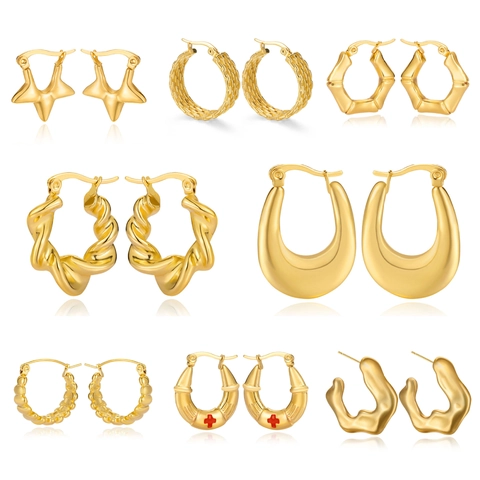 Mode Edelstahl Gold Plattiert Ohrstecker Für Damen Luxus Geometrische Bambus Stern Kreuz Form Trendiger Schmuck
