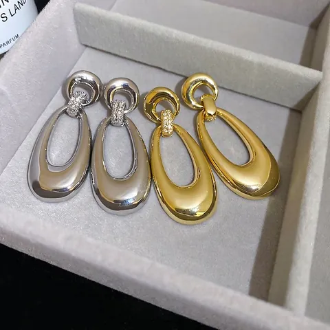 Oval Dangle Earrings With Silver Earring Post Copper Zircon Smooth Hollow Elegant Jewelry For Women Fashion