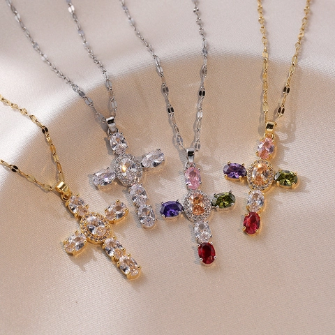 Vintage Edelstahl Kreuz Anhänger Halskette Bunte Strass Mehrschichtige Kragen Halskette Mode Schmuck Geschenk Für Damen