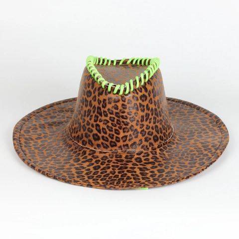 Chapeau De Cowboy Imprimé Léopard En Similicuir Style Western Rétro À Bord Large Avec Surpiqûres Contrastées Accessoires De Mode