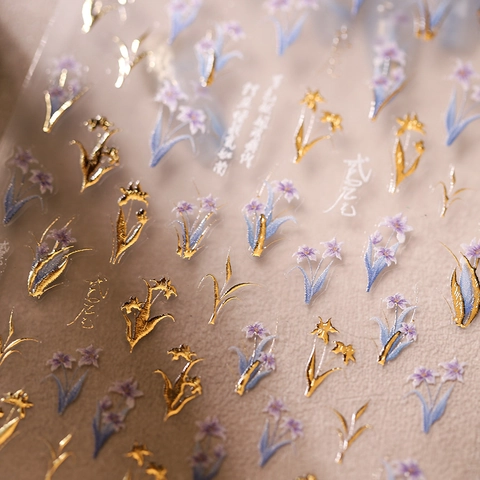 5D Embossed Nail Art Stickers Self Adhesive Purple Iris Flower Golden Line Retro Manicure Decoration Decals