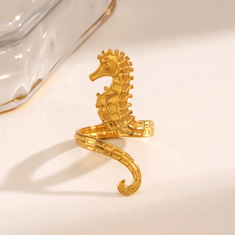 Anello Cavalluccio Marino In Acciaio Inossidabile Fascia Aperta Regolabile Stile Animale Marino Placcato Oro Sottovuoto Gioielli Da Spiaggia Per Donne