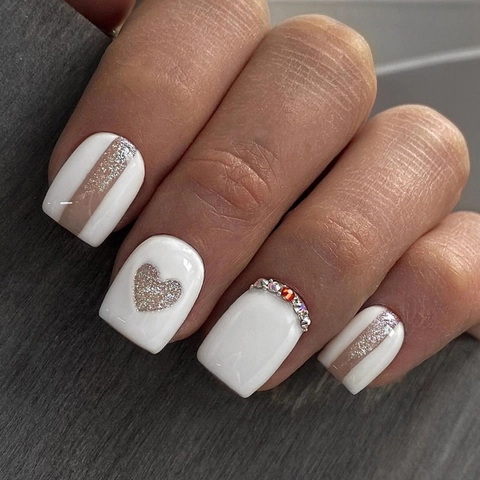 Press On Nails Blanc Künstliche Perle Avec Strass Paillettes Motif Cœur Creux Style Ins Doux Pour Femmes