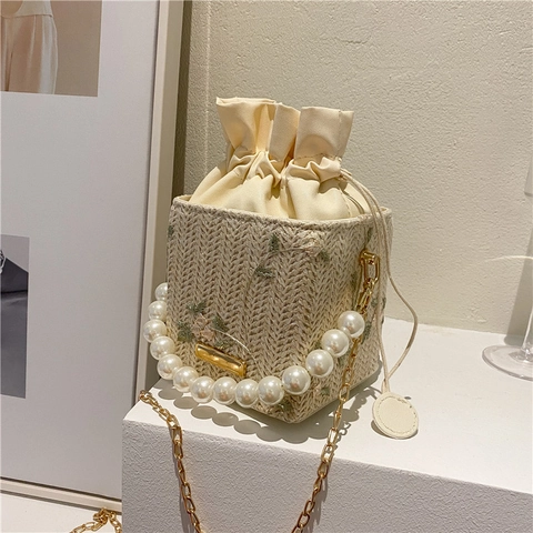 Mini Stroh Eimer Tasche Mit Künstliche Perlen Griff Blumen Stickerei Kordelzug Metallkette Umhängetasche Für Damen