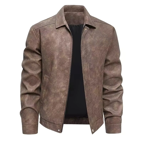 Giacca da Uomo in Pelle Scamosciata Sintetica Vintage Americano Colletto a Revers Cerniera Anteriore Bomber Tinta Unita