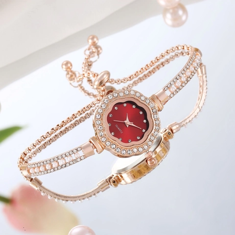 Reloj de Cuarzo para Mujer con Forma de Flor y Correa de Aleación con Perlas Artificiales y Diamantes de Imitación Elegante