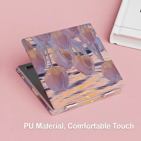 Portable Personal Makeup Mirror PU Leather Double Sided Folding Square Elegant Floral Oil Painting Style Pocket Vanity Mirror
