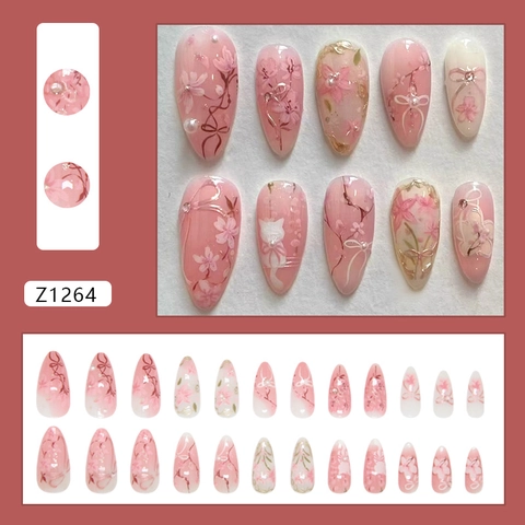 Press On Nails Almond Shape Gradient Pink Sakura Flower With Artificial Pearl Bow ABS Plastic Glossy Reusable For Women