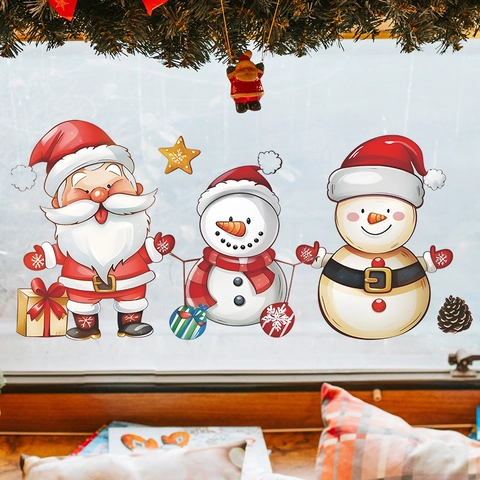 Weihnachtsfensterbilder Statische Aufkleber Weihnachtsmann Schneemann Wiederverwendbare PVC Dekore Für Glas Feiertag Home Party
