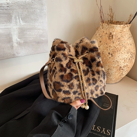 Leopard Print Plush Bucket Bag With Artificial Pearl Drawstring Metal Chain Strap Faux Fur Crossbody Shoulder Handbag For Women