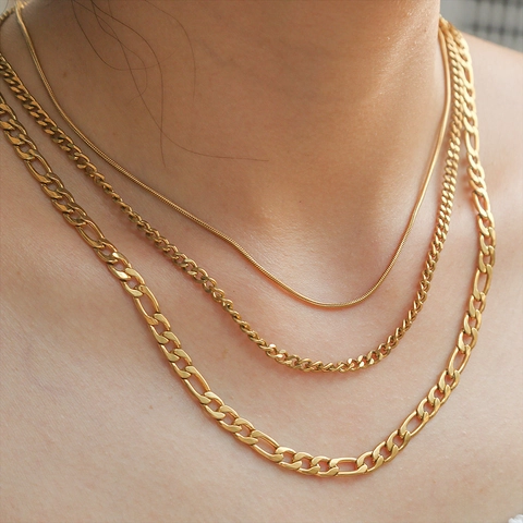 Layered Stainless Steel Necklaces For Women Gold Plated Snake Bone Figaro Paperclip Chain Multilayer Fashion Jewelry
