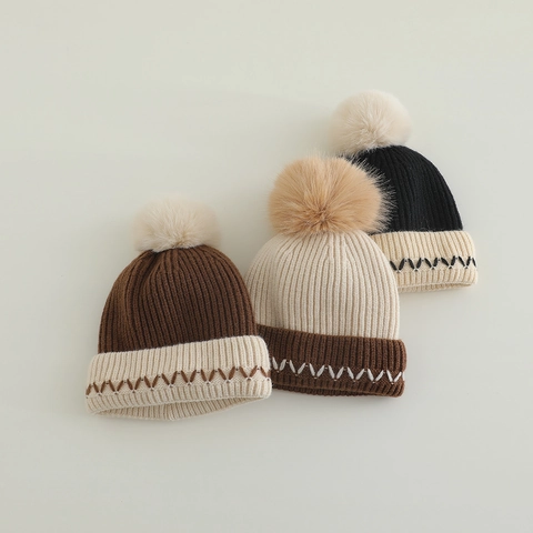 Berretto In Maglia Per Bambini Acrilico Caldo Inverno Pompon Costine Motivo A Onde A Contrasto Per Neonati