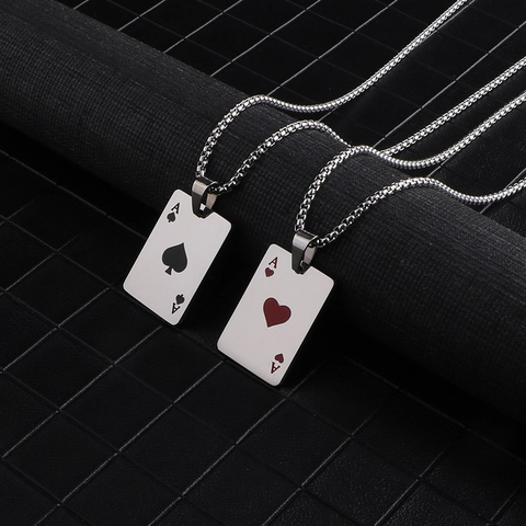 Poker Card Ace Of Hearts Spades Pendant Necklace Stainless Steel Hip Hop Streetwear Jewelry For Couples