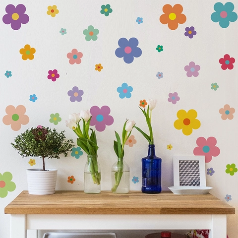 Stickers Muraux Fleurs Colorées Imperméable PVC Décalcomanies Pour Chambre Enfant Garderie Salle De Classe Minimaliste Floral