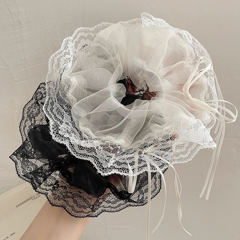 Eleganter Spitzen Mesh Haargummi Mit Langer Satinschleife Handgefertigt Balletcore Französischer Stil Damen Haarschmuck