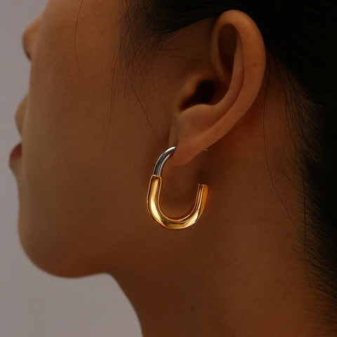 Minimalist Bi-color Stainless Steel Stud Earrings For Women 18K Gold Silver Two Tone Geometric U Shaped Hoop Jewelry Gift