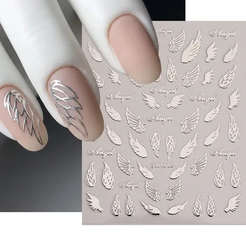 Autocollants Ongles Ailes Ange Étoile Lune Or Argent Noir Texture Métallique Auto Adhésif Décoration Manucure DIY