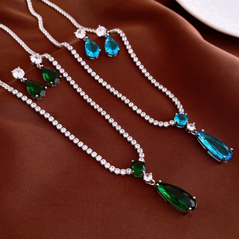 Collar Y Pendientes Joyas De Zircón En Forma De Gota De Agua Cobre Incrustado Vintage Elegante Lujo Mujeres
