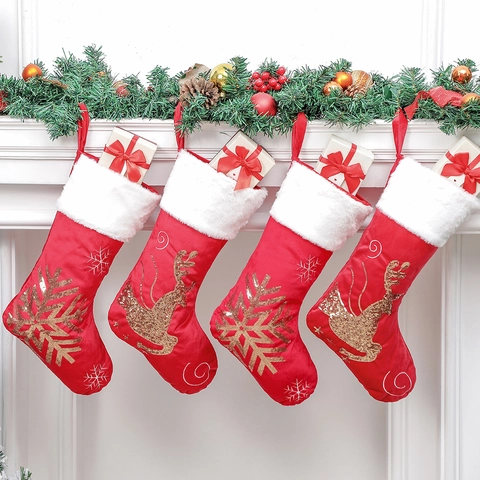 Christmas Stocking Velvet Faux Fur Gold Sequin Reindeer Snowflake Embroidery Holiday Hanging Decor Gift Bag
