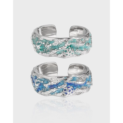S925 Sterling Zilveren Open Ring Voor Dames Minimalistisch Onregelmatige Rotstextuur Blauw Groen Emaille Golf Ontwerp Verstelbaar