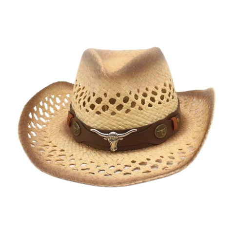 Vintage Western Cowboy Straw Hat With Hollow Out Breathable Paper Material Metal Bull Head Decoration For Summer Travel