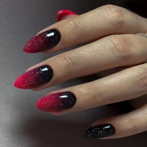 Press On Nails Rose Red Gradient Cat Eye Almond Shape Glitter Glossy Detachable Manicure Art For Women