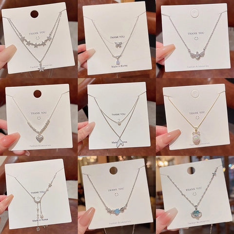Stainless Steel Butterfly Bow Heart Pendant Necklace For Women Elegant Zircon Shell Inlaid Clavicle Chain Jewelry Accessory Gift
