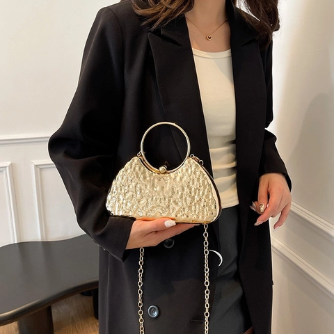Bolso De Mano Fiesta Para Mujer Metal Textura Martillada Rígido Asa Redonda Con Cadena Elegante Bolso De Noche
