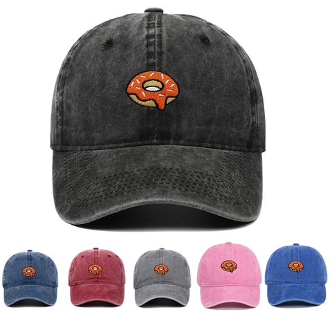Washed Cotton Baseball Cap With Donut Embroidery Adjustable Sun Protection Outdoor Retro Casual Dad Hat For Men Women
