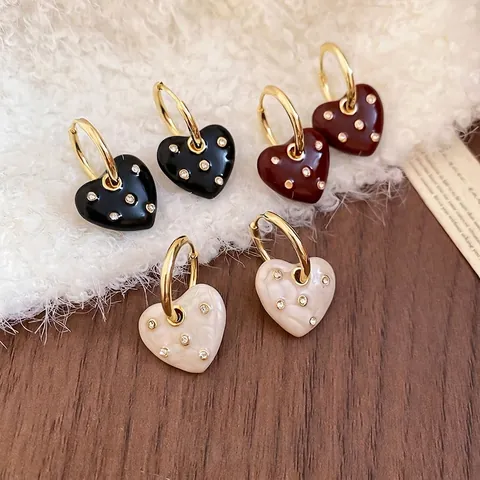 Pendientes De Aro Corazón Retro Con Cobre Esmalte Brillantes Joyas De Lujo Vintage Elegantes Para Mujeres Niñas
