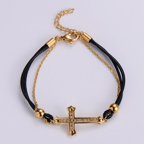 Double Layer Cross Bracelet 316L Stainless Steel 18K Gold Plated Cubic Zirconia Braided Rope Adjustable Jewelry For Women Men