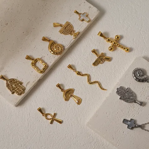 Stainless Steel Pendants 24K Gold Plated Snake Cross Hamsa Mushroom Shell Mother Of Artificial Pearl Inlay For Necklace DIY Jewelry