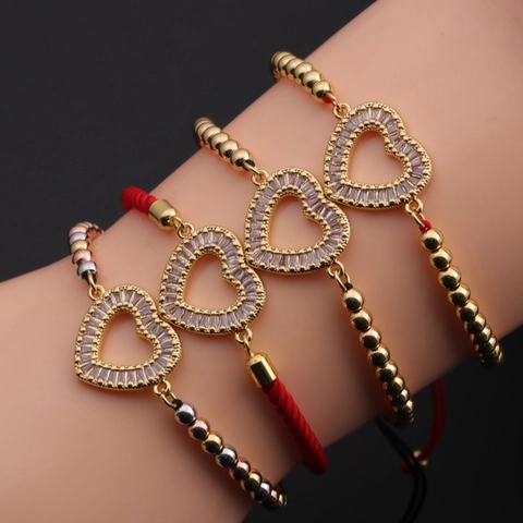 Pulsera Dije Corazón Cobre Circón Ajustable Cuerda Trenzada Cadena Cuentas Joyería Romántica Regalo