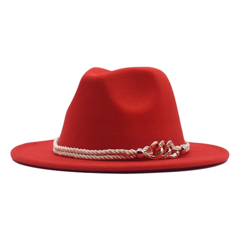 Wide Brim Fedora Hat Woolen Felt Vintage Elegant Jazz Cap With White Rope And Gold Chain Decoration For Men And Women