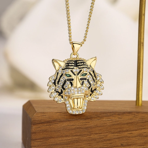 Luipaard Hoofd Hanger Ketting Goud Verguld Koper Cubic Zirconia Groene Ogen Emaille Dier Hip Hop Mode Sieraden