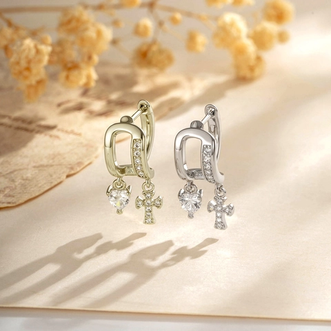 Pendientes De Aro Con Colgante De Corazón Y Cruz Vintage Cobre Color Café Oro Plata Circonita Joyas Colgantes Para Mujer