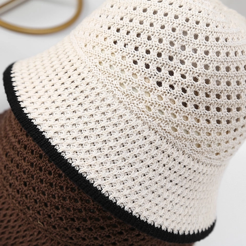Damen Hollow Crochet Strick Eimer Hut Atmungsaktiv Faltbar Sonnenschutz Strand Sonnenhut Kontrast Trim Elegant Japanisch