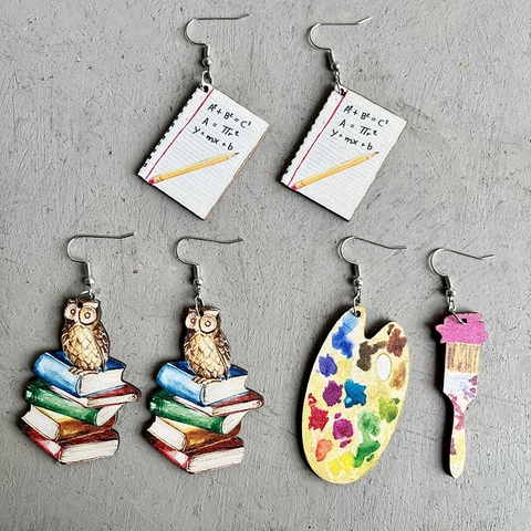 Pendientes De Madera Día Del Maestro Gancho De Hierro Educación Escolar Búho Libro Cuaderno Paleta Pincel Novedad