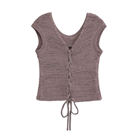 Women Knit Sleeveless V-Neck Lace Up Vest Top And High Waist Shorts Mauve Solid Color Streetwear Casual Summer Top Bottom