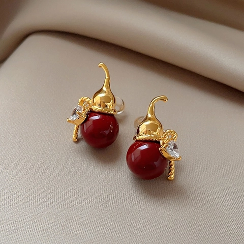 Orecchini A Lobo Gourd In Nuovo Stile Cinese Con Perle Acriliche Rosse Zircone Cuore Perno In Argento 925