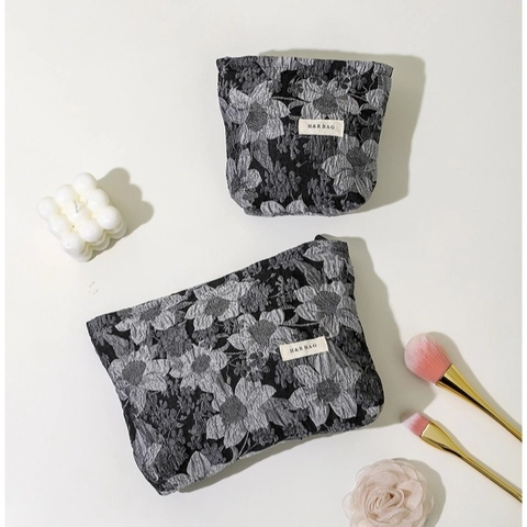 Trousse à Maquillage Jacquard Fleurie Style Français Femme Organisateur Cosmétique Portable Trousse de Toilette Voyage Noir Grand Petit