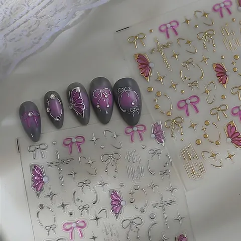 Autocollants Ongles Relief 5D Métallique Papillon Nœud Étoile Motif Imperméable Adhésif DIY Manucure Décoration Style Y2K