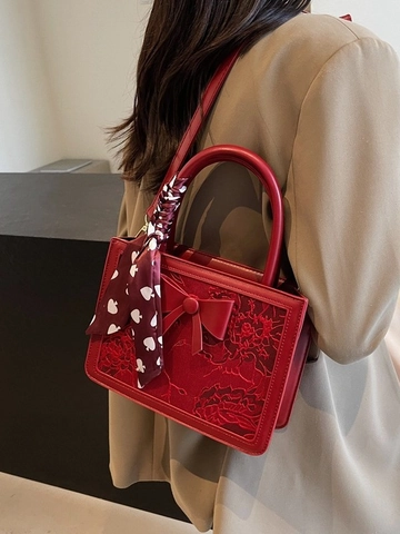 Borsa A Mano Tracolla Rossa Da Donna Pelle PU Ricamo Pizzo Con Fiocco Sciarpa Quadrata Matrimonio Sposa